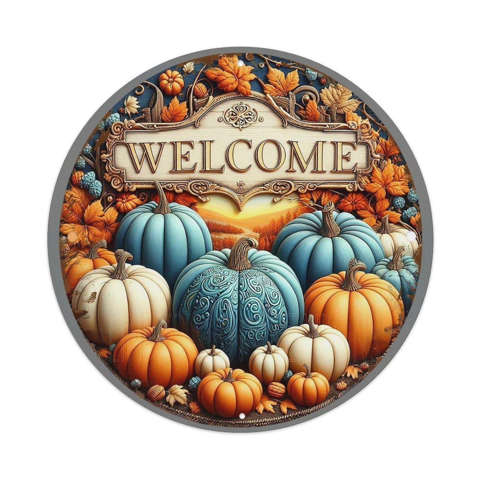 Jdyaojiesheng Vintage Welcome Autumn Pumpkins Leaves Harvest Round Tin Sign Retro Metal Wall Decor Metal Poster, Home Bar Garage Farmhouse Cafe Wall Art Decoration 8X8inch