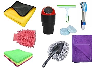 SACRED Car Cleaning Combo of 3 Microfiber Towel Pack (250 gsm 40 x 40 cm), 1 Microfiber cloth 600 gsm (40 x 40 cm), AC Car Cleaner, Glass Wiper, Microfiber Gloves, 1 x Microfiber cloth 400 gsm 40 x 60, 2 Pcs Magic Tablet, Car Dustbin, Microfiber Duster (Pack of 12)