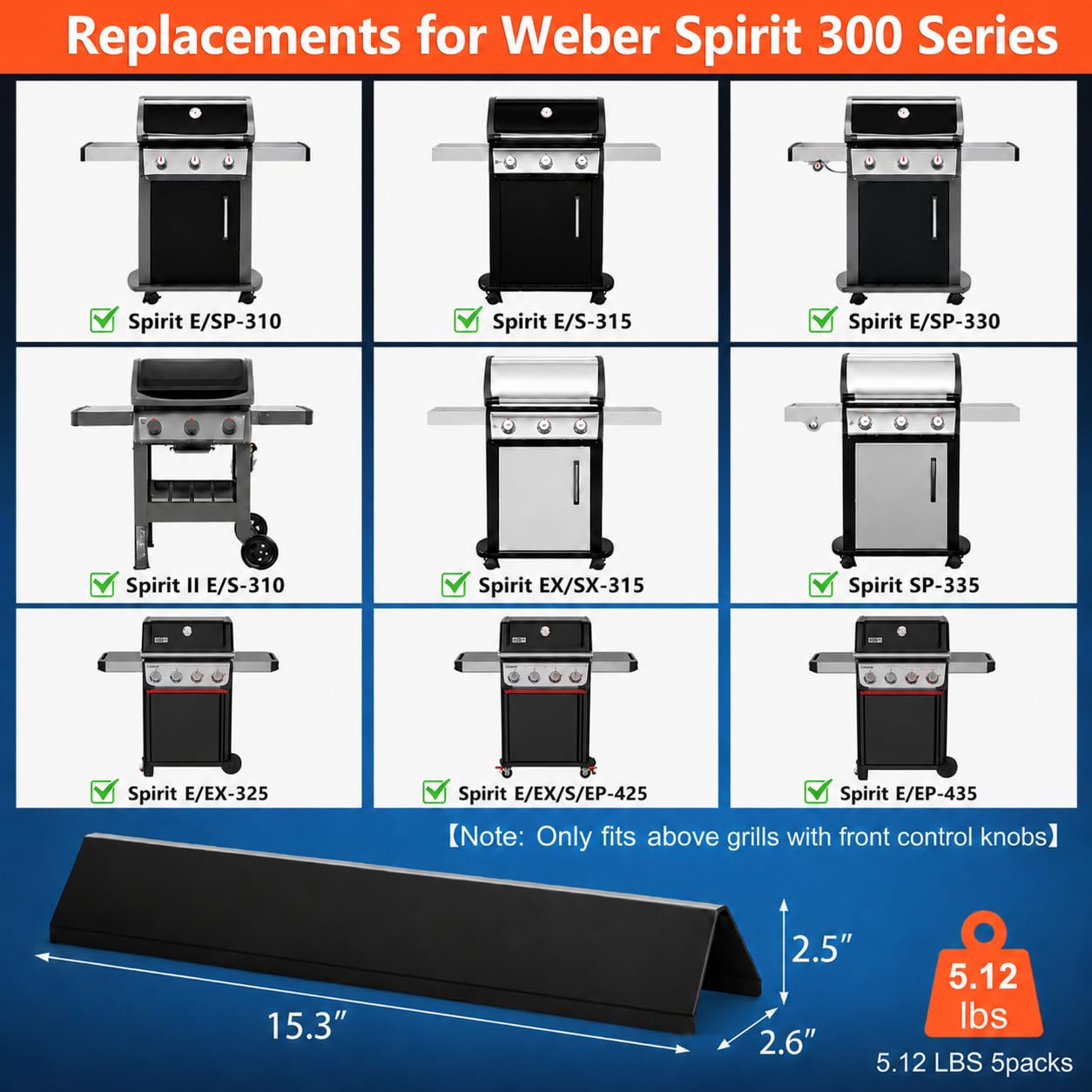 Barre aromatizzanti da 15,3" per griglie Weber Spirit E-310 Spirit II 300, Spirit 300 E320 E330 S310 S320 S330 con manopole di controllo anteriori, piastra riscaldante smaltata in porcellana per
