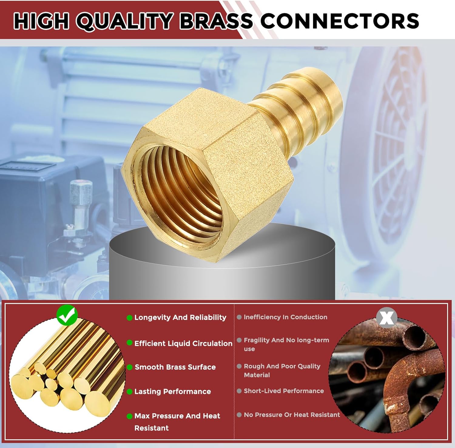 Pack of 2 Brass Hose Barb Fittings Adapter Connector 1/2" Hose Barb to 1/2" NPT Female Fittings for Home Machines, Massage Bathtubs, and Irrigation Systems