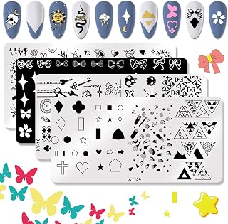 NICENEEDED 4 PCS Cross Nail Art Stamping Plates, Nail Stamper Stencils Reusable, Rectangular Bowtie Pattern Stamp Image Plate for Women and Girls Diy Printing Tools