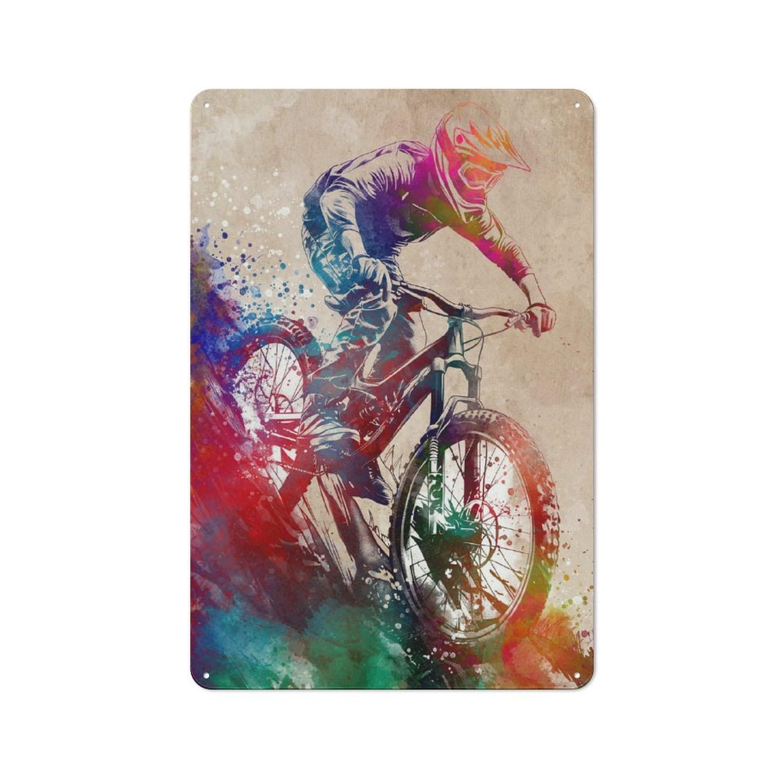 Junmoney Style-10 Casual Mountain Biker Watercolor Shed Metal Sign 30X20cm, Utility Space Decor For Shed, Garden Room, Porch Or Garage