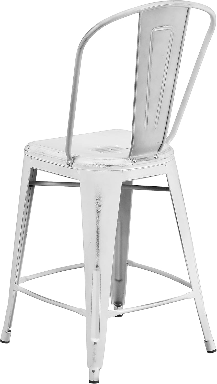 Flash Furniture Blake Commercial Grade 4 Pack 24" High Distressed White Metal Indoor-Outdoor Counter Height Stool with Back