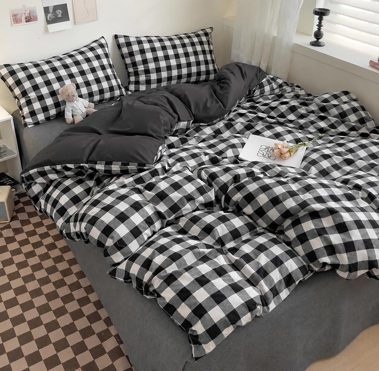 Vryxel Gingham Bedding Single Duvet Cover Set Bed Zipper Black White 135×200CM — image 1