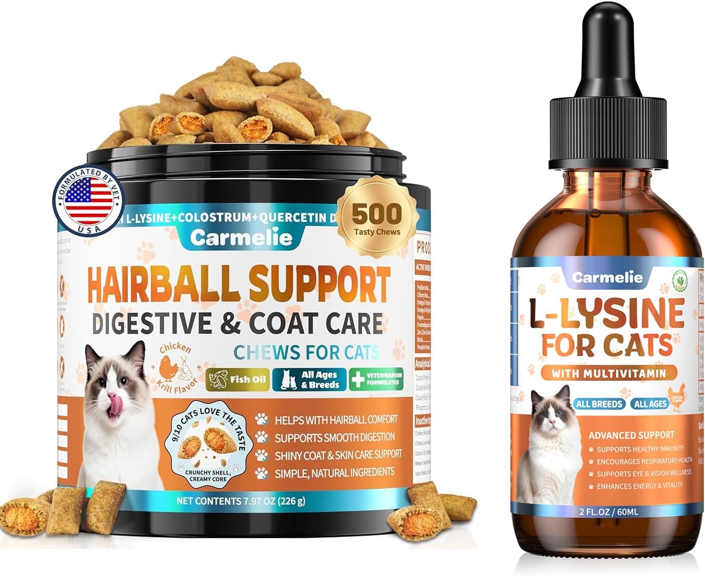 Cat Hairball Support Chews – 500 Hairball Treats L-Lysine Supplement for Cats - Immune & Respiratory Support