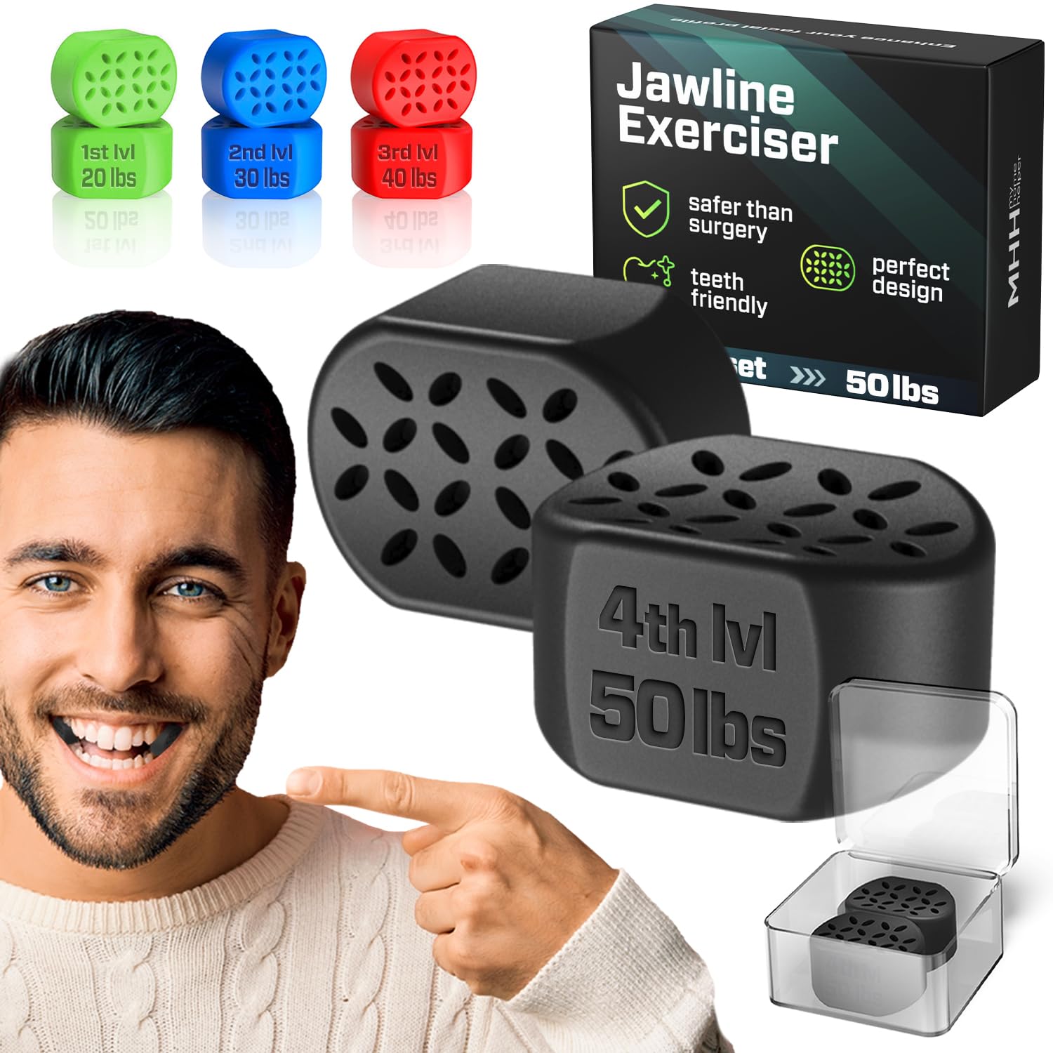 MHH Jawline Exerciser for Men & Women - 2 pcs Powerful Jaw Trainer - 1 Resistance Level - Black 50 lbs - Double Chin Reducer Eliminator - Silicone Jaw Toner Tablets - Face Neck Shaper, Back - 50 lb