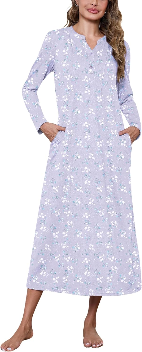 Marvmys Womens Cotton Nightgown Long Sleeve Button Up Sleep Shirts Full Length Henley Nightshirts V Neck Sleepwear S-3XL