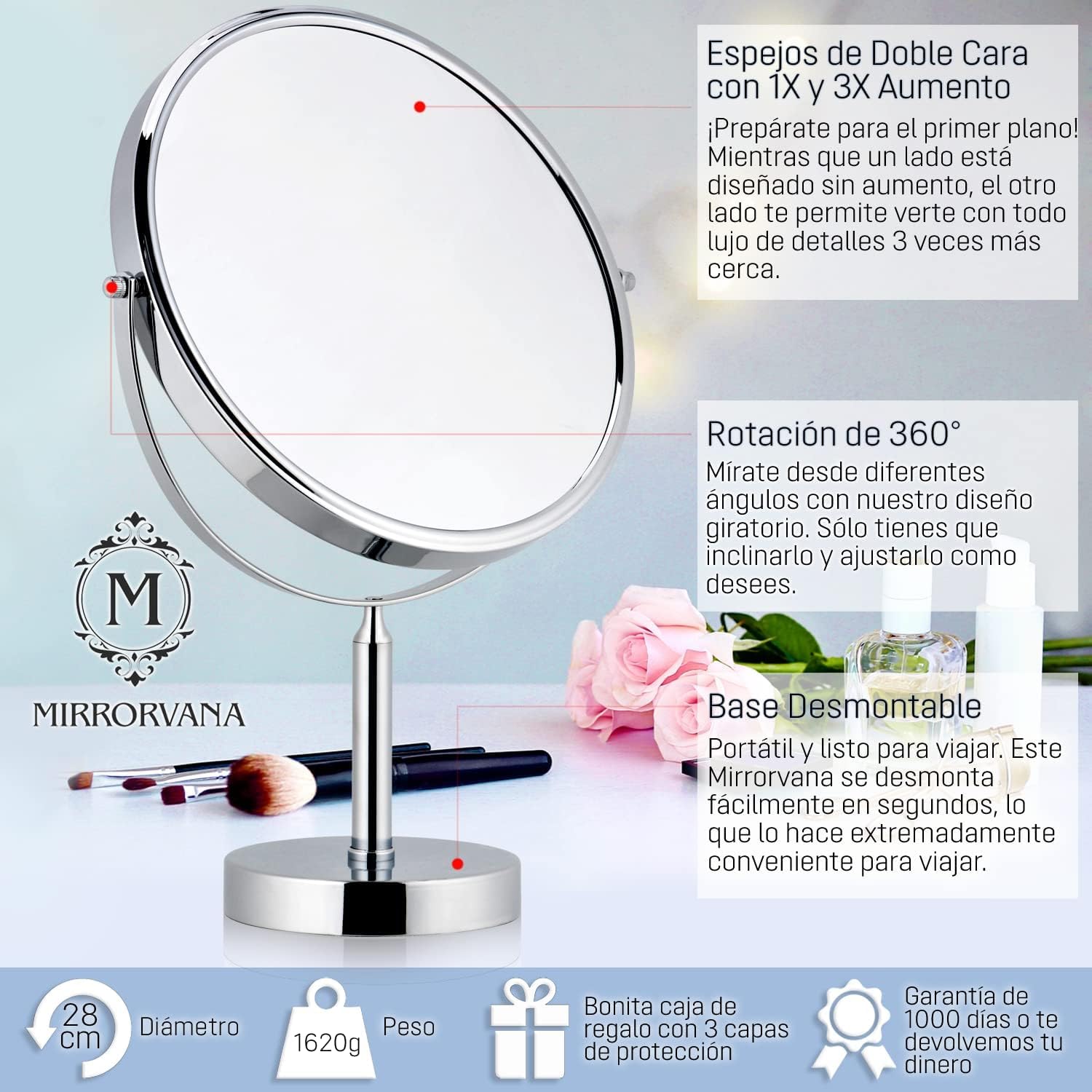 Mirrorvana Espejo Extra Grande de Maquillaje con Aumento 3X/1X de Doble Cara - Espejo de Mesa con rotación de 360° sin luz para baño y tocador - 43 cm x 28 cm