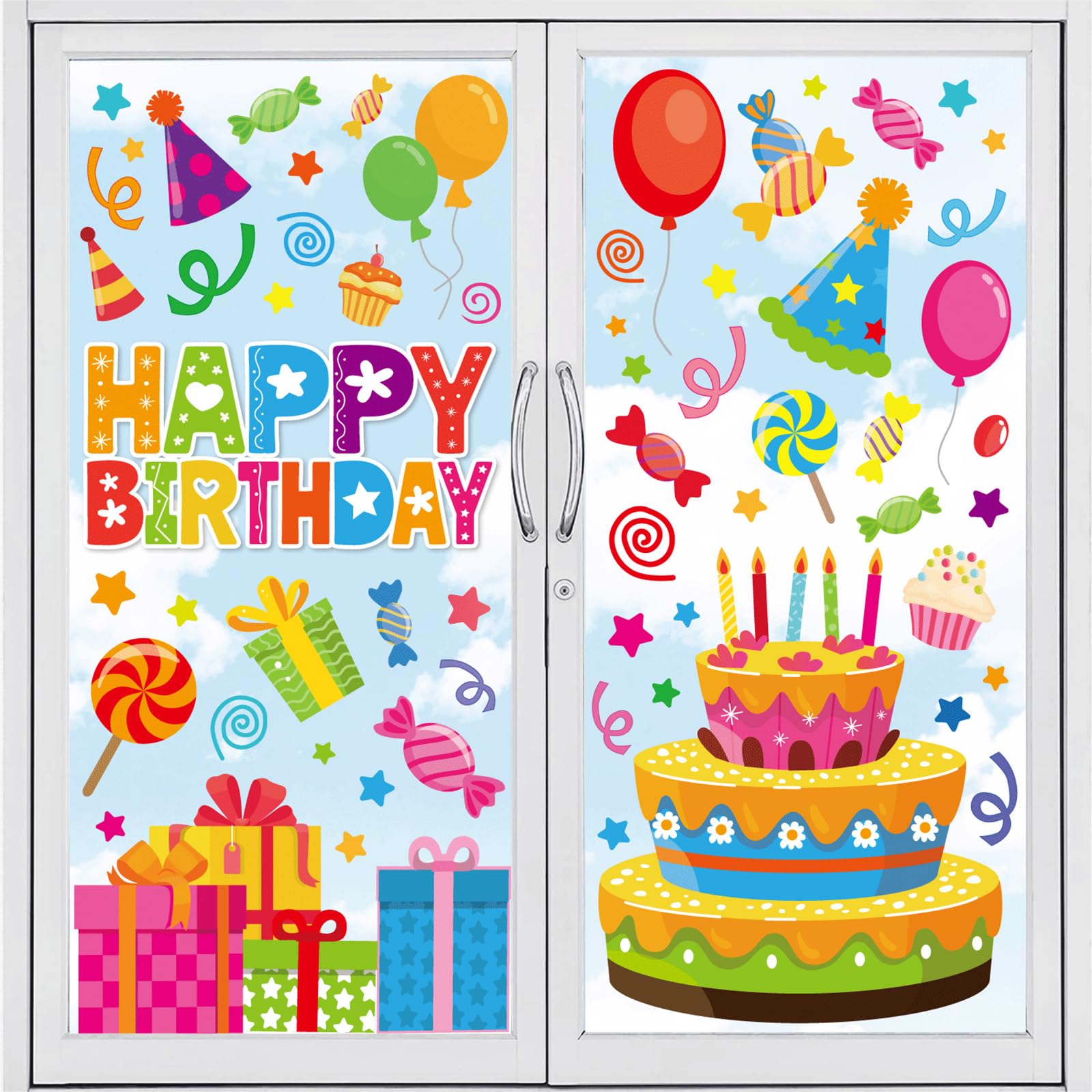 Whaline 6 Sheet Happy Birthday Window Clings Colorful Birthday Cake Balloon Present Reusable Window Decals for Home Decor Anniversary Party Supplies