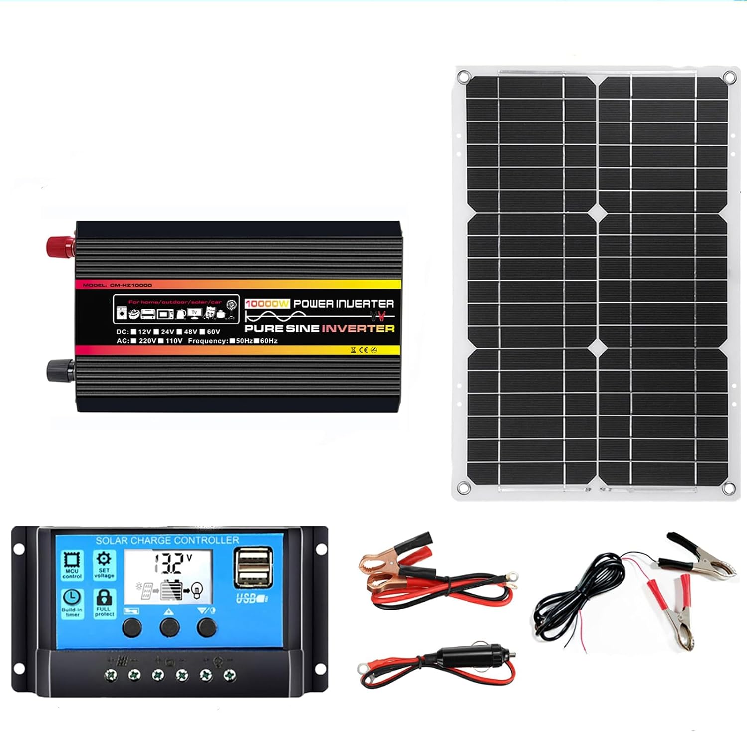 Solar System Kit 10000W 12V to 110V/220V Inverter Complete Solar Power System 50A Controller + 50W18V Foldable Solar Panel Home Grid System Solar Generator(12v-110v)