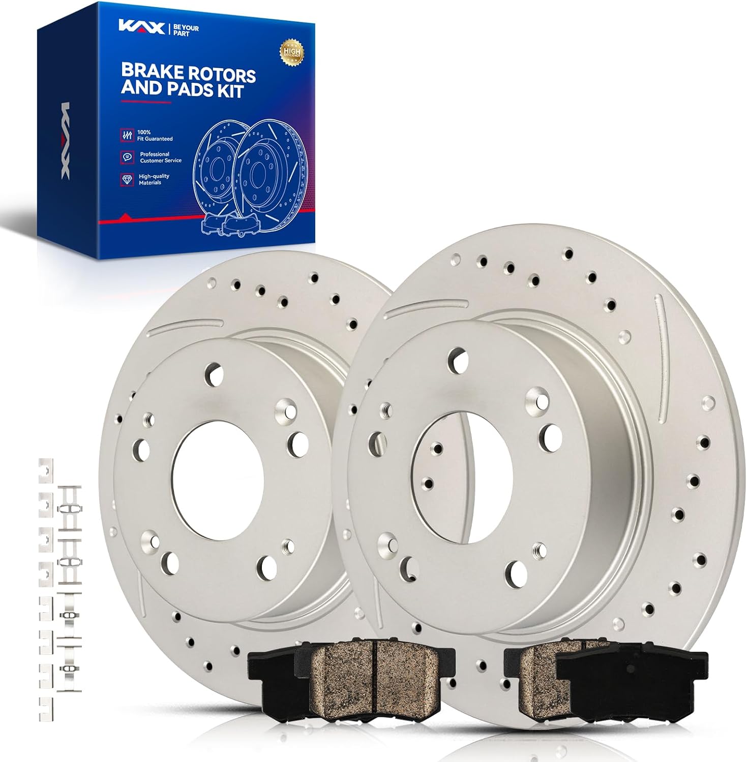 KAX Rear Brake Kit, Drilled and Slotted Brake Rotors, Ceramic Brake Pads | Fits Honda Accord 2003-2007 2.4L, Honda Accord 2003-2007 3.0L, Acura TSX 2004-2008, Automotive Replacement Brake Kit