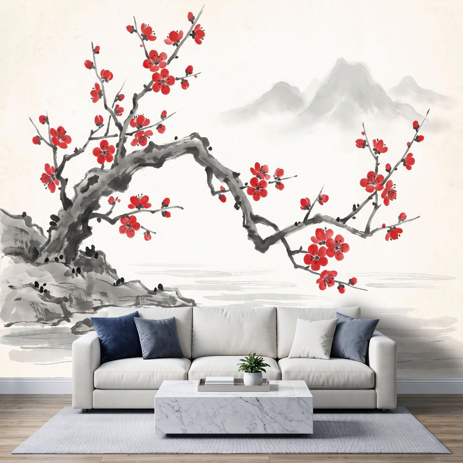WTD - Papel pintado para pared (300 x 210 cm), diseño de ciruela roja, color gris claro