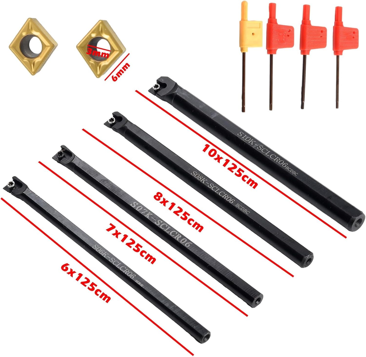 4 Piece CNC Lathe Boring Bar Set S06K S07K S08K S10K with 10 CCMT060204-HM Carbide Inserts for Steel Machining Alloy Steel