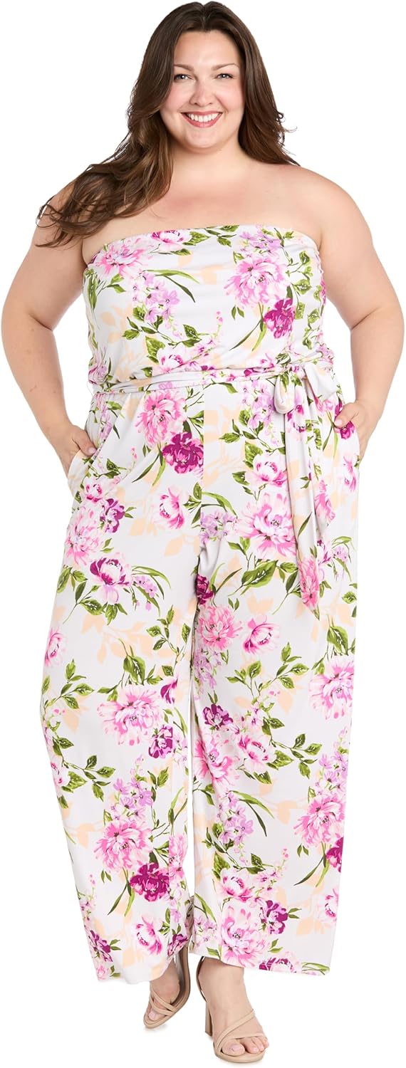 Strapless Floral Jumpsuit W/Waist Tie Sash & Pocket - Relaxed Fit Romper