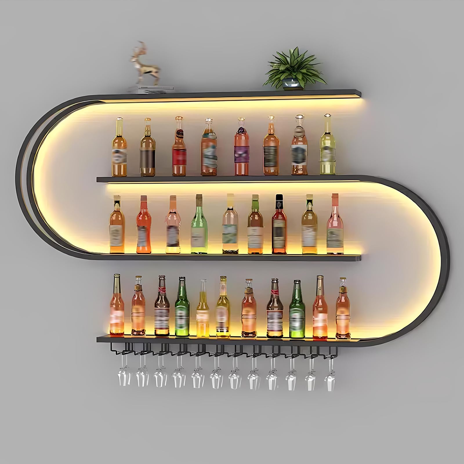 120cm Portabottiglie da Parete, 4 livelli multifunzione Espositore Portabottiglie, Porta bottiglie di vino da parete con supporto in vetro nero per Bar, Sala da Pranzo, Cucina (nero, 120cm)