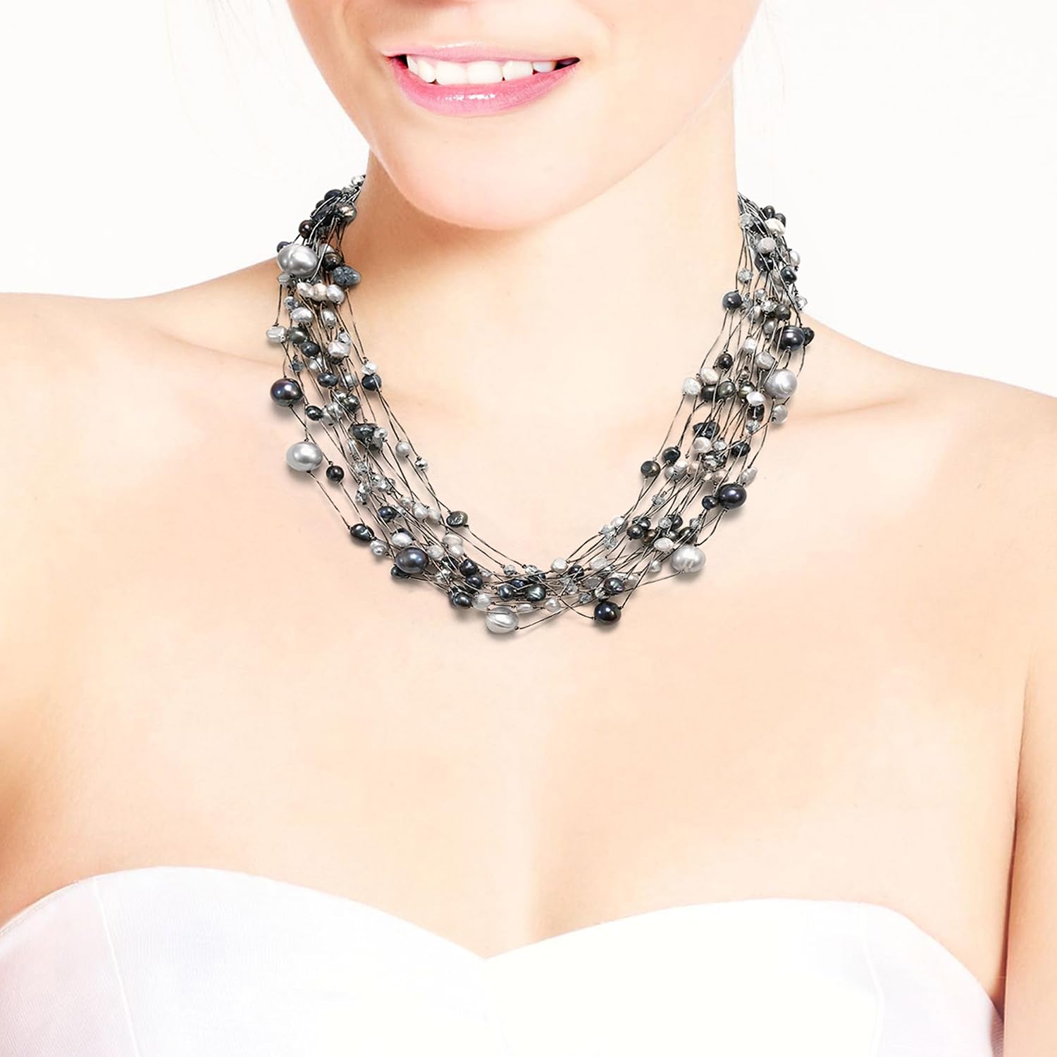 AeraVida Alluring Grey Dyed Cultured Freshwater Pearl Silk and Stone Multi Strand Necklace | Multi-Strand pearl Necklaces for Women | Grey Freshwater Pearl Necklace