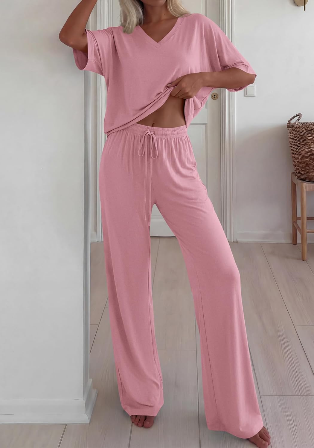 BTFBM 2 Piece Sets for Women Summer V Neck Short Sleeve Lounge Set Wide Leg Pants Matching Set Airport Travel Outfits - Image 2