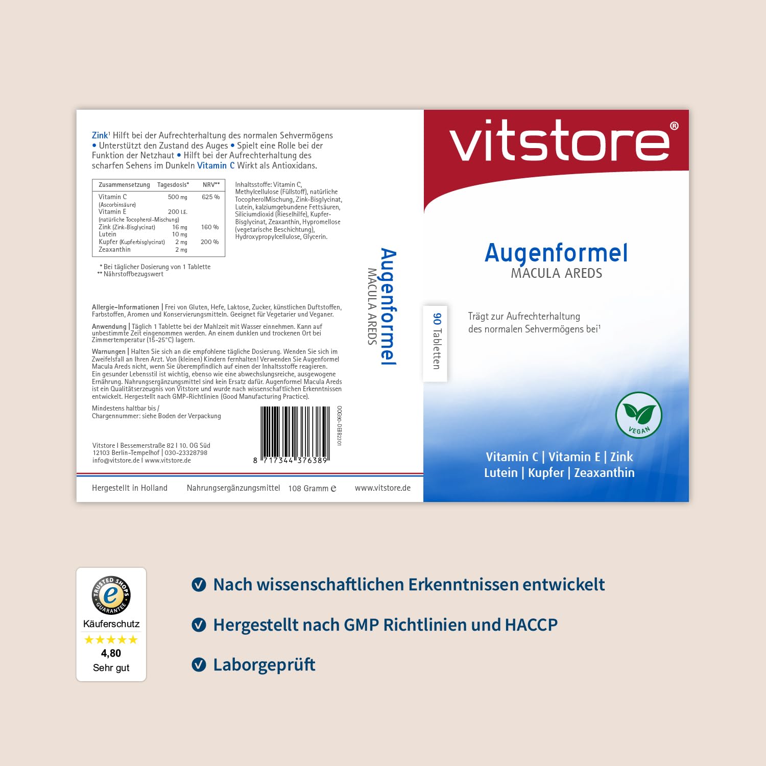 Augenformel Macula Areds - 90 Tabletten - hochdosiert - Trägt zum Erhalt einer normalen Sehkraft bei.