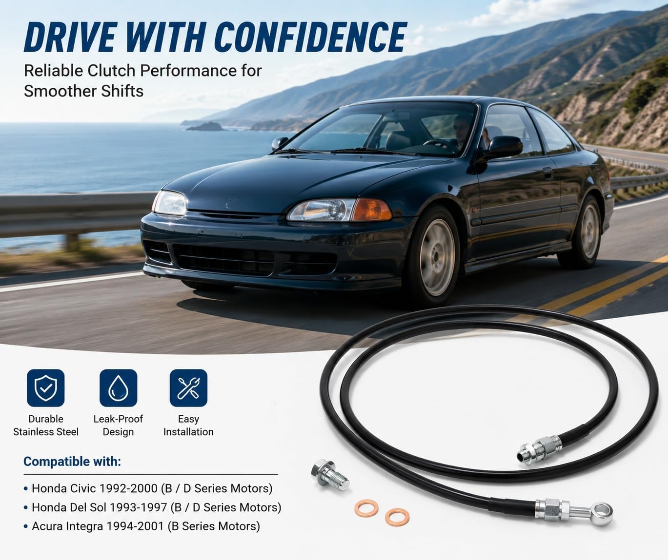 Stainless Steel Clutch Line Fit for Honda Civic for Acura Integra Del Sol | Fit for Honda Civic 1992-2000 for Acura Integra 1994-2001 for Honda Del Sol 1993-1997 B/D Series Motors
