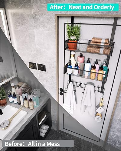 Miniatura 23 de HapiRm Gancho para puerta con 2 cestas de malla y 9 ganchos, acero inoxidable 304 sin perforaciones sobre el colgador de puerta, organizador