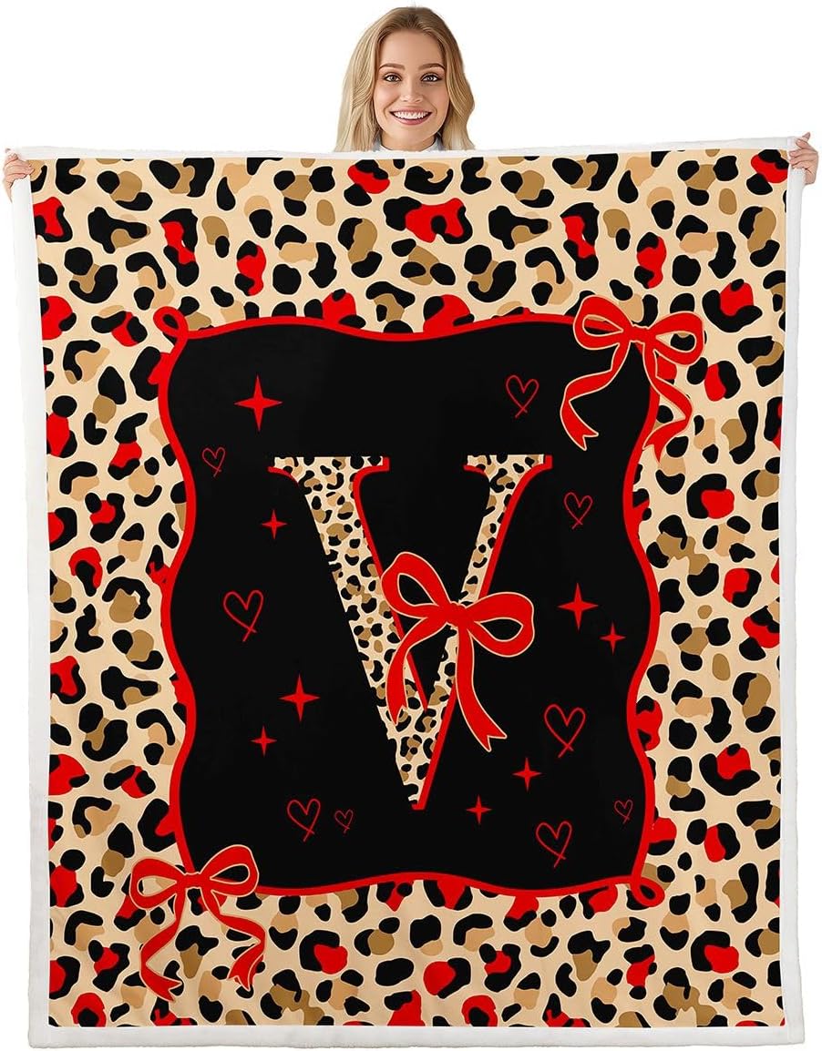 jejeloiu Red Brown Leopard Sherpa Blanket Plush Fuzzy Red Bowknot Fleece Throw Blanket Boys Girls Initial Letter J for Bed Couch Chair Living Room Cute Girly Bow Bedroom Decor Baby 30"x40"