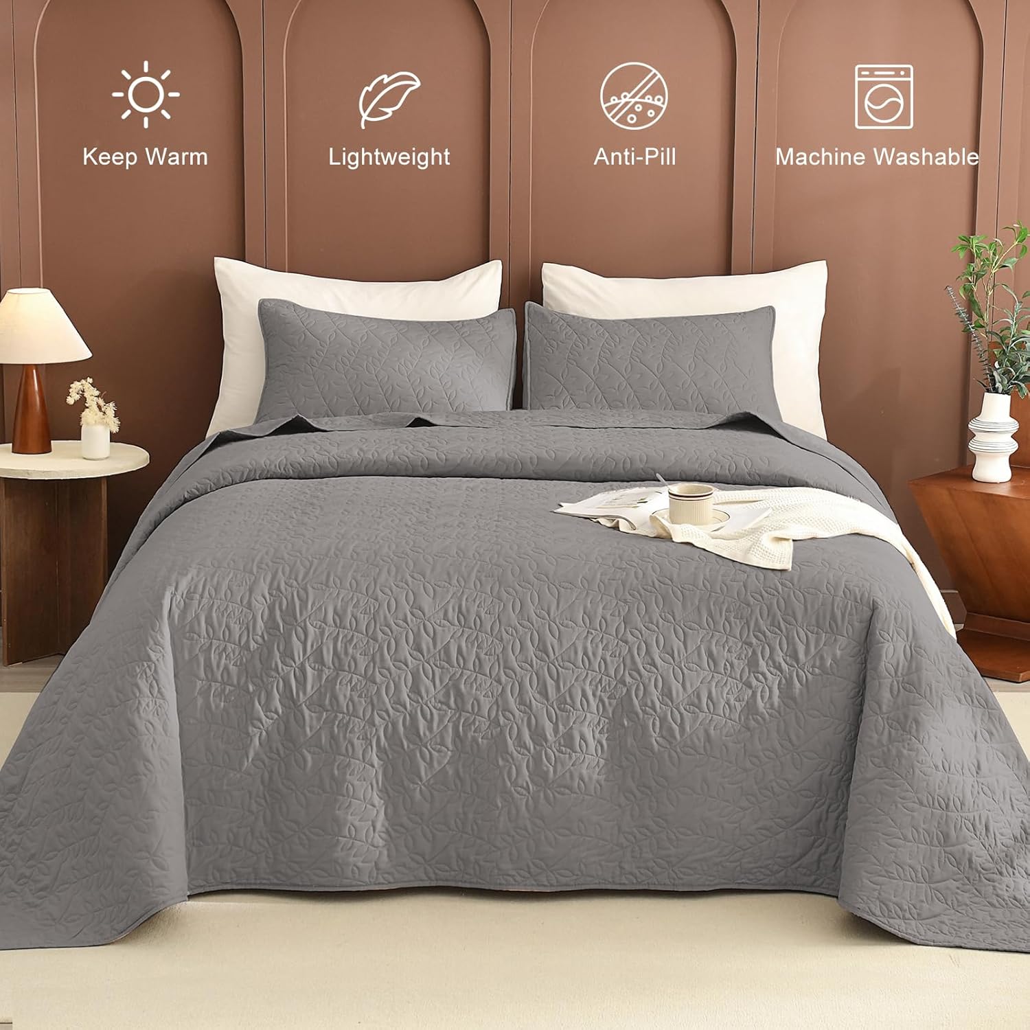 Masaca Oversized King Bedspread 128"x120",Grey Leaf Pattern King Quilt Bedding Set Oversized,3 Pieces Soft Lightweight Gray Extra Large Farmhouse Bedspread & Coverlet Sets