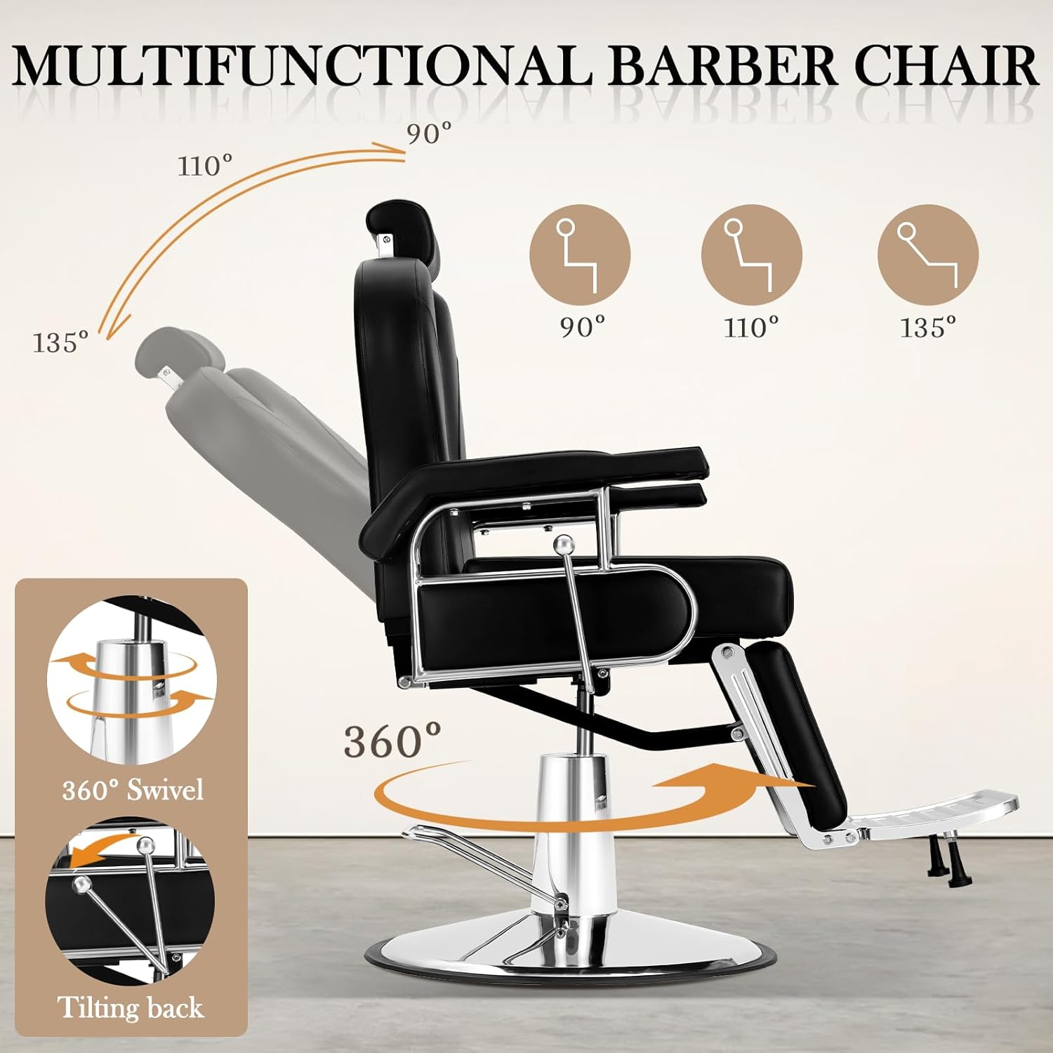 Vintage Barber Chair, Heavy Duty Reclining Hydraulic Salon Hair Chair, Multipurpose Stylist Beauty Spa Tattoo Styling Equipment with Headrest and Footrest, 360° Swivel Black Silver