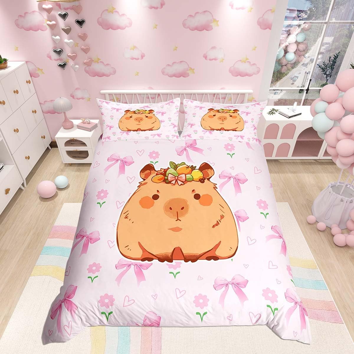 Homemissing Capybaras Bowknot Duvet Cover Set Double Size For Kids Boys Girls Pink Bow Bedding Set Floral Bow Duvet Cover with 2 Pillowcases Cutes Capybara Bedding — image 1