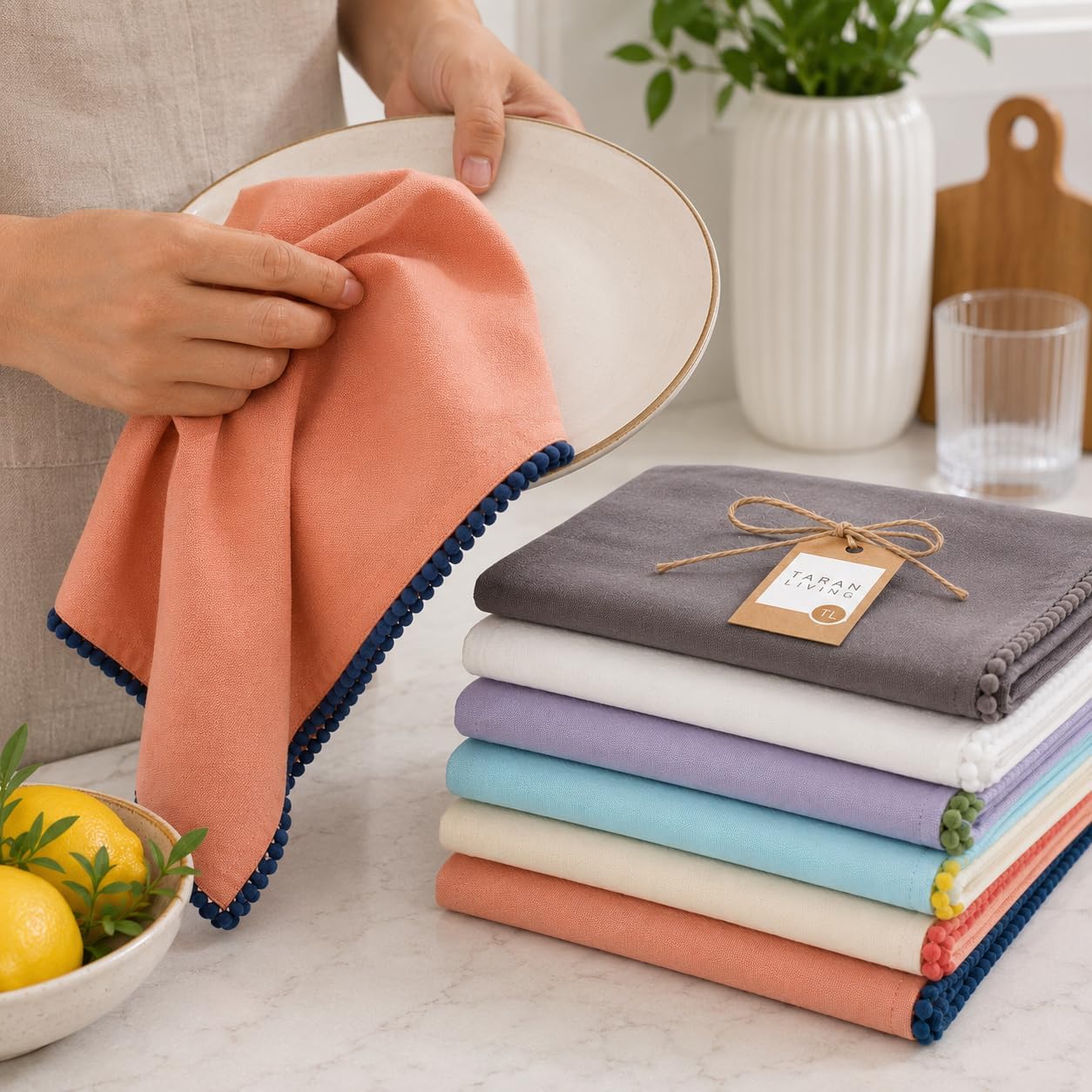 TARAN LIVING Kitchen Towels 100% Cotton Solid Kitchen Dish Cloths, Kitchen Hand Towel Reusuable Dish Towel for Cleaning & Drying Tea Towels Set with Hanging Loop - 18"x 28", Pack of 6 Pastel Colors image 4