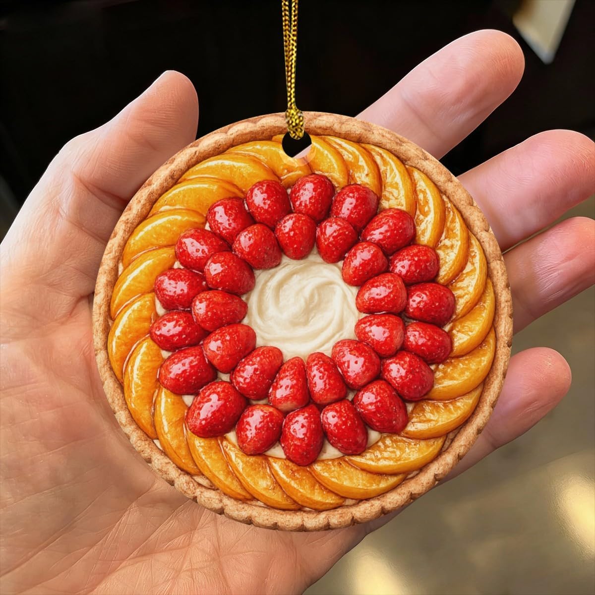Peach & Strawberry Tart Torte Pie Dessert Personalized Food Flat Printed Image on Ceramic Ornament – NOT 3D, Custom Text Back, Christmas Ornament