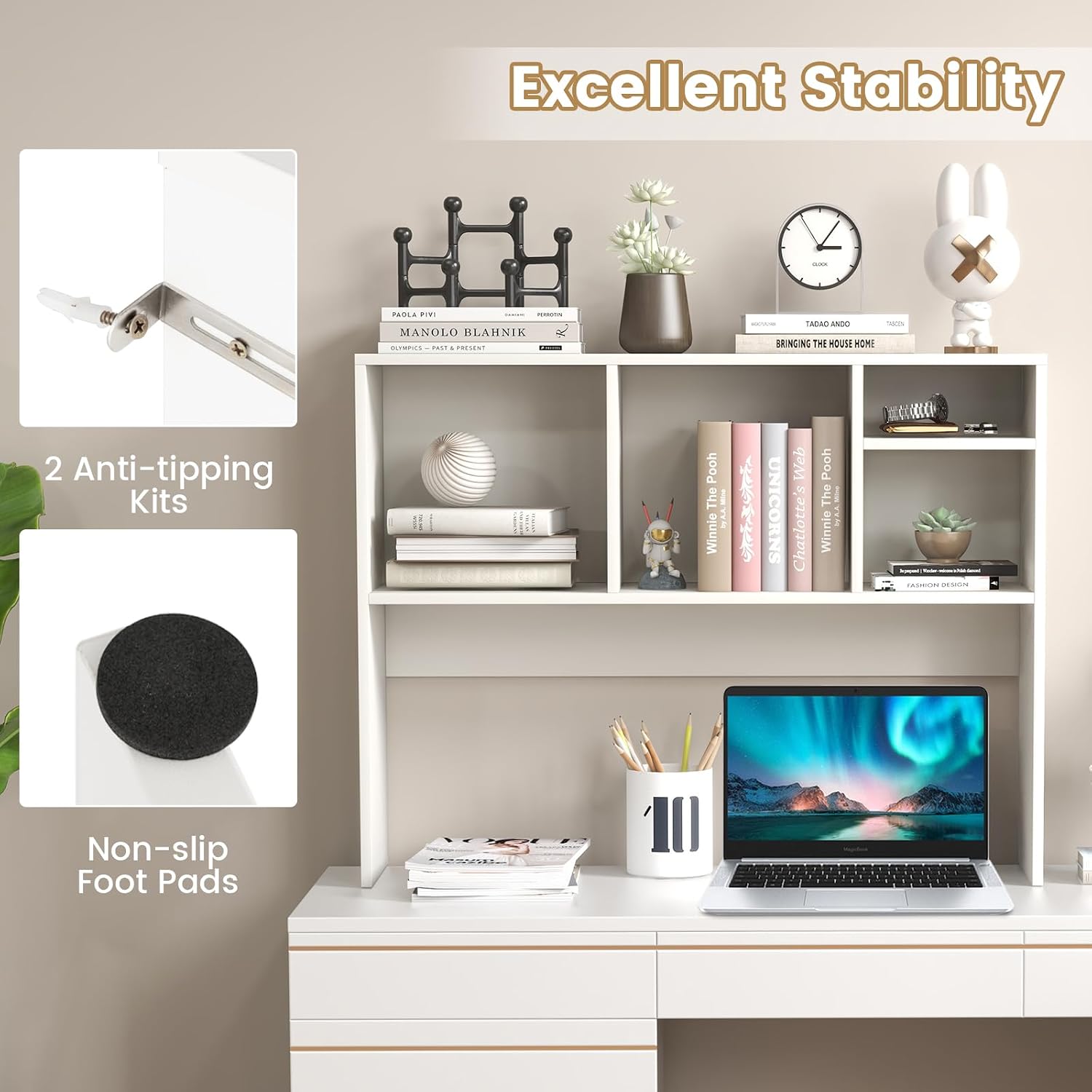LDAILY Moccha Desktop Bookshelf, 2-Tier Countertop Storage Hutch, Wood Storage Rack Display Shelf with 4 Shelves for Computer Desk, Multipurpose Desk Organizer Desk Hutch for Home Office Dorm (White)