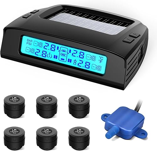 Miniatura 9 de Sistema Tymate de monitoreo de presión de neumáticos para RV - Sistema de monitor de presión de neumáticos M7-3 TPMS (0-87 PSI) con cargador solar
