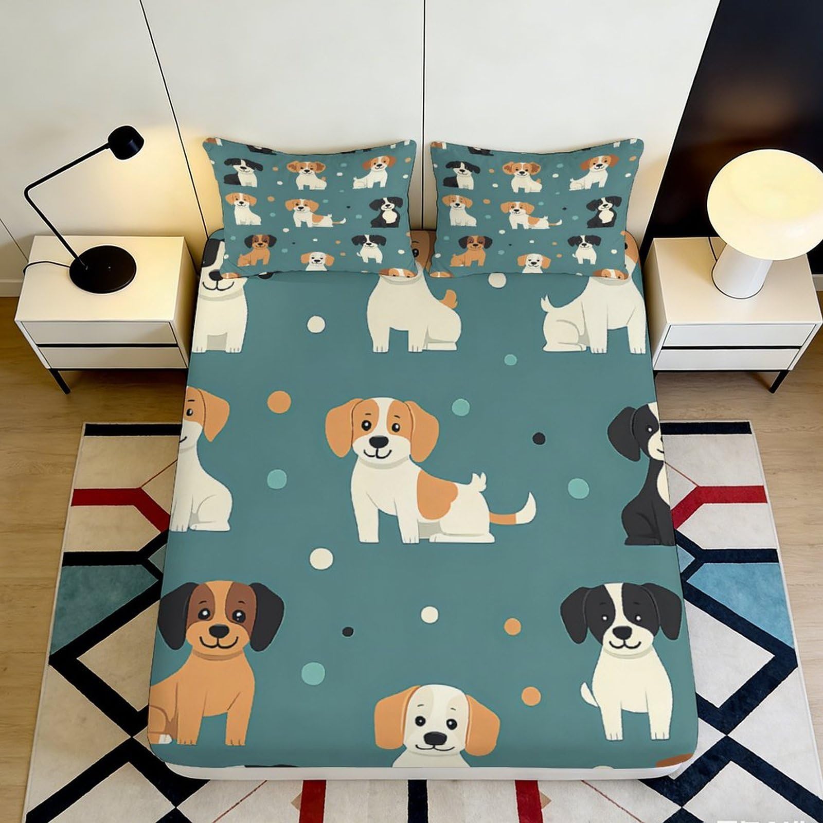 3D Printed Cute Puppy Fitted Sheet Microfiber Soft Durable Cartoon Dog Bed Cover for Bedroom Dormitory Guest Room Mattress Protection 160x200x25cm