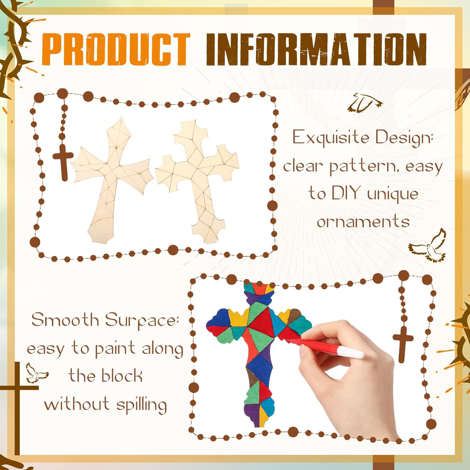 Bucherry 60 Pack Color Your Own Cross Kit Wood Christian Religious DIY Coloring Craft Kit Table Centerpiece with Watercolor Pen for Sunday School Classroom Church Art Project