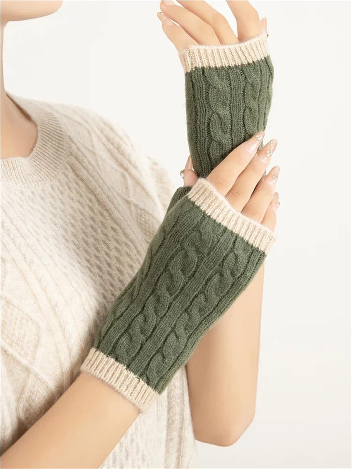 Manoplas de punto Guantes térmicos invierno sin dedos dos tonos semidedos Calentadores brazos