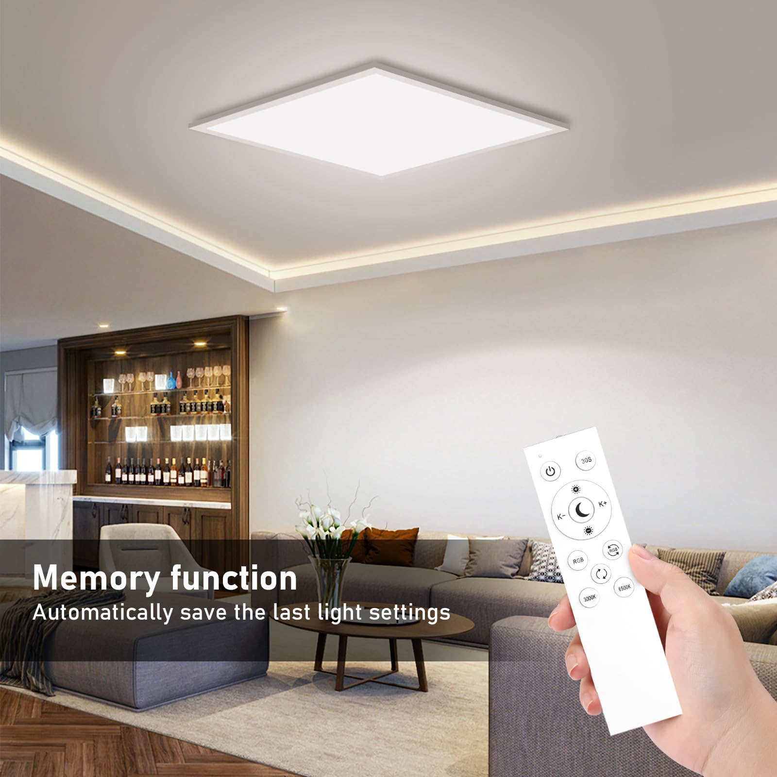 Oraymin LED Panel Deckenleuchte RGB, 45x45 cm Deckenlampe Dimmbar mit Fernbedienung, 28W 3100LM LED Panel Farbwechsel, Speicherfunktion, 3000K-6500K Quadrat Lampe für Wohnzimmer Schlafzimmer