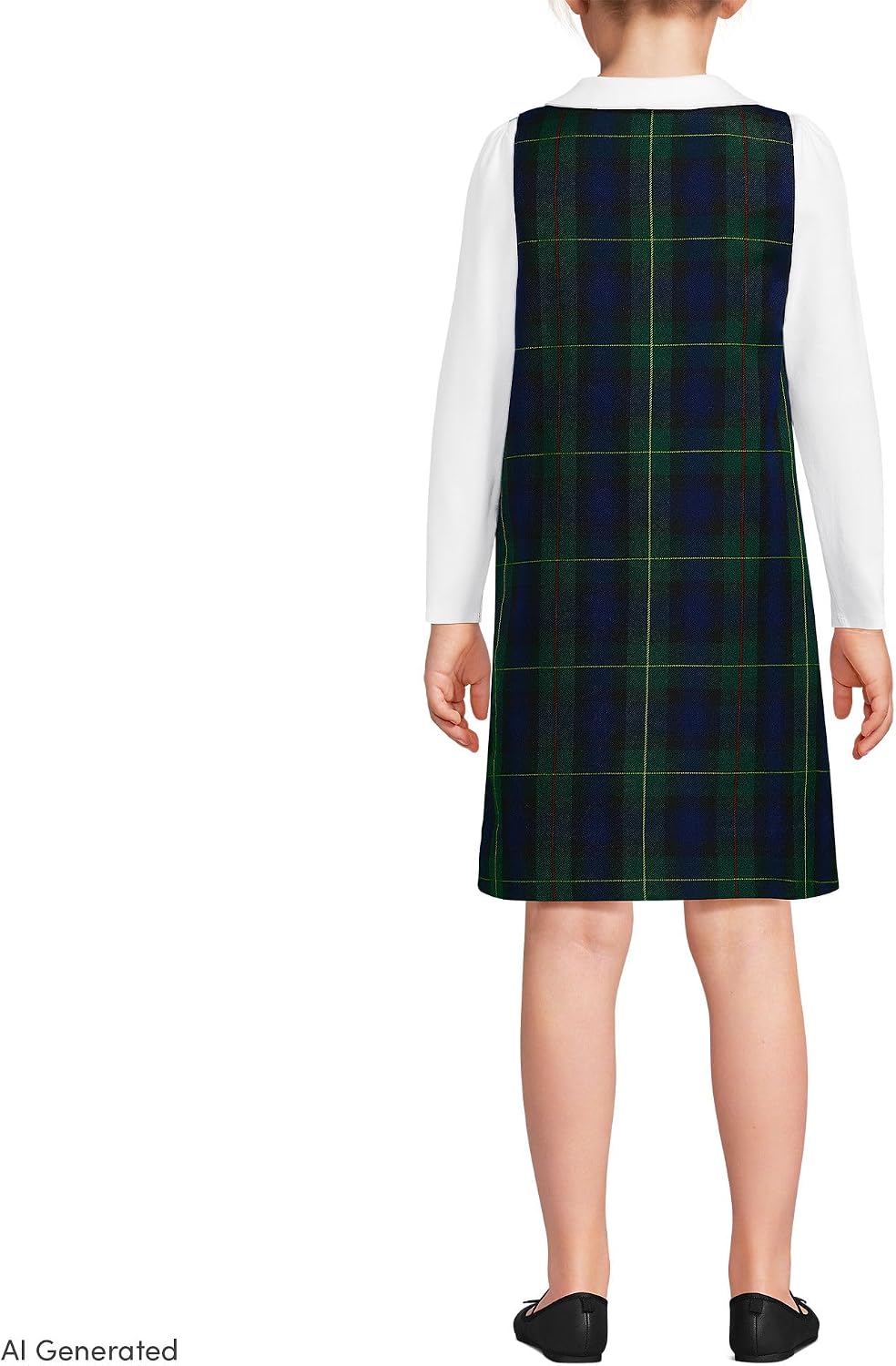 Lands' End Girls Plaid Button Shoulder Patch Pocket Jumper 7 Hunter/Classic Navy Plaid