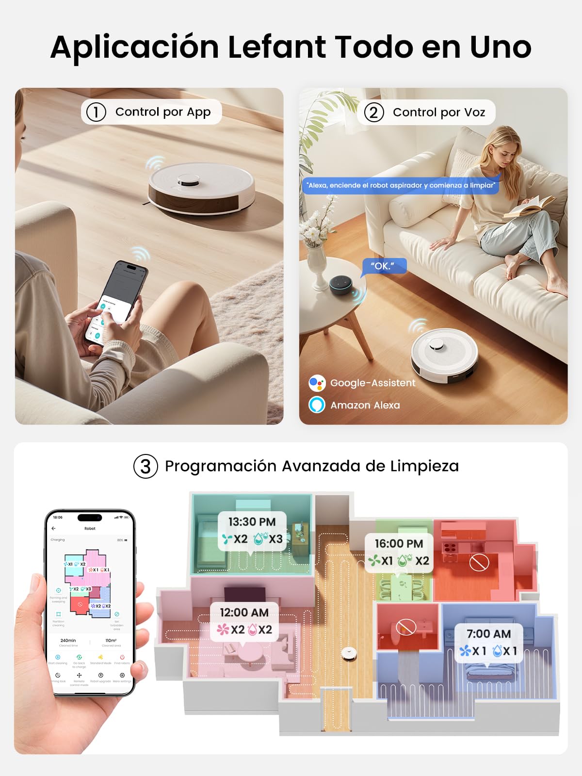 Lefant M2Pro Robot Aspirador 5500Pa, Aspirador Robot con Estación de Vaciado Automático de Polvo, Robot Aspirador y Fregador con Navegación Láser y Mapeo, Evitación de Obstáculos PSD, mascotas, Blanco