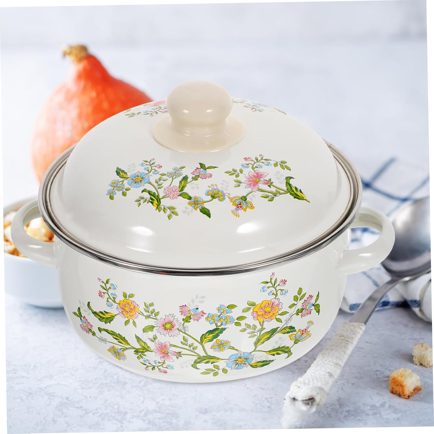 3-Piece Enamel Soup Pot Set Flat Bottom Cooking Pot for Pasta and Soup Vintage Kitchen Stockpot Dual Handles for Home Cooking