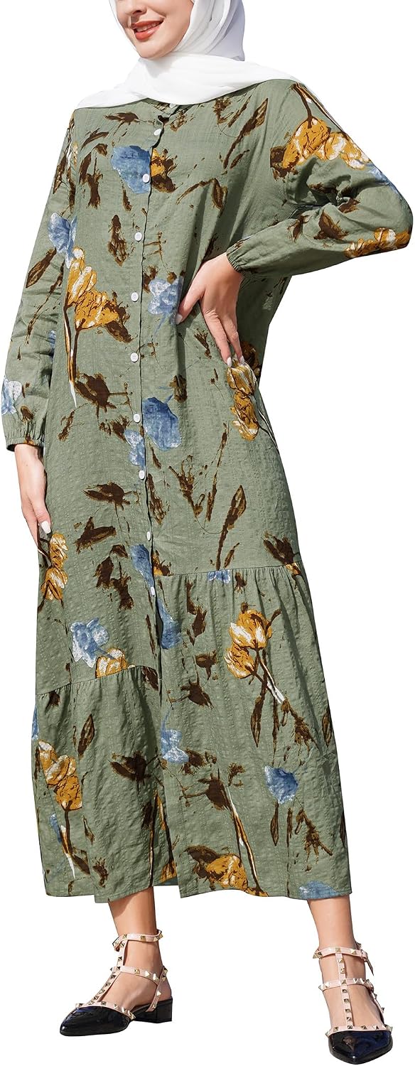 Muslim Abaya Cotton and Linen Long Sleeve Abaya Femme Fashion Loose Casual Floral Long Dress