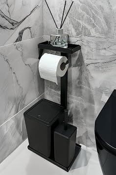 3'ü 1 Arada Banyo Seti Tuvalet Kağıtlık, Çöp Kovası Ve Tuvalet Fırça Takımı (Mat Siyah)