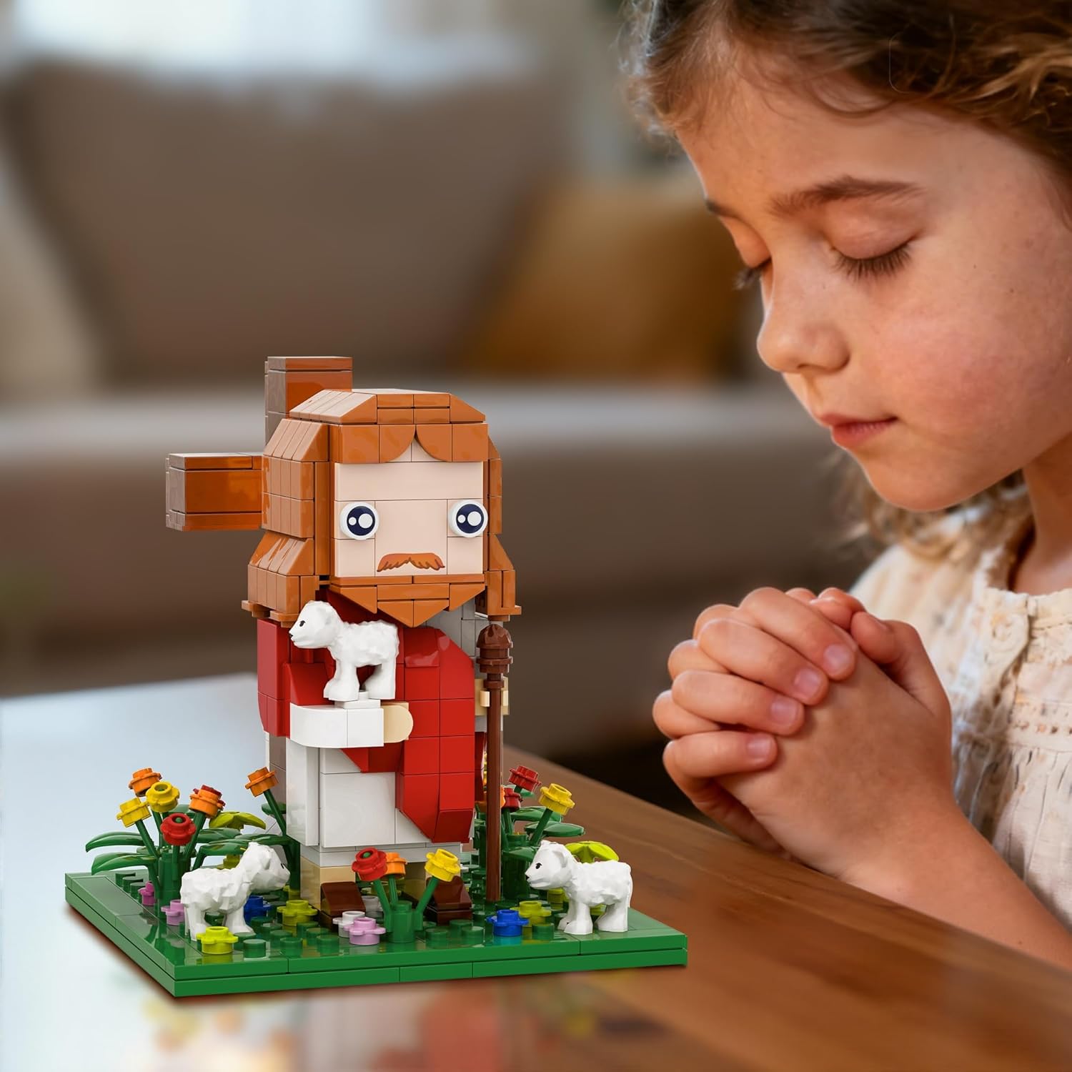 Jesus Building Set with Light - Jesus, Light-Up Cross, Sheep, Flower Clusters - Inspirational Christian Blocks Compatible with Lego, Easter Christian Birthday Gift for Kids Adults (324PCS)