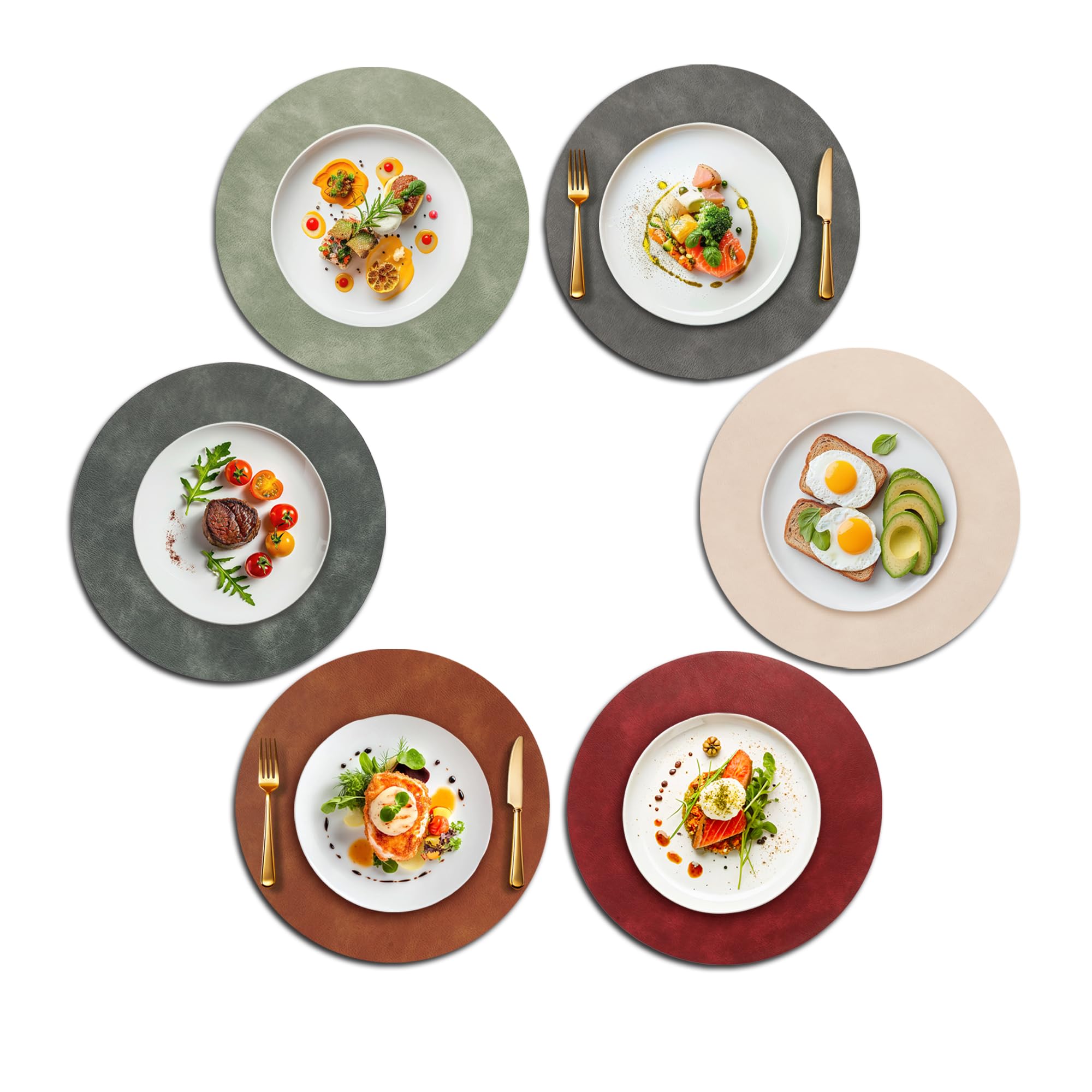 UnivoColors Placemats Round Faux Leather Placemats Set of 6-Waterproof-Wipe Clean-Heat Resistant-Anti Slip Dining Table Place Mats,15".(Dark Gray+Blue Grey+Green+Reddish Brown+Red+Beige)