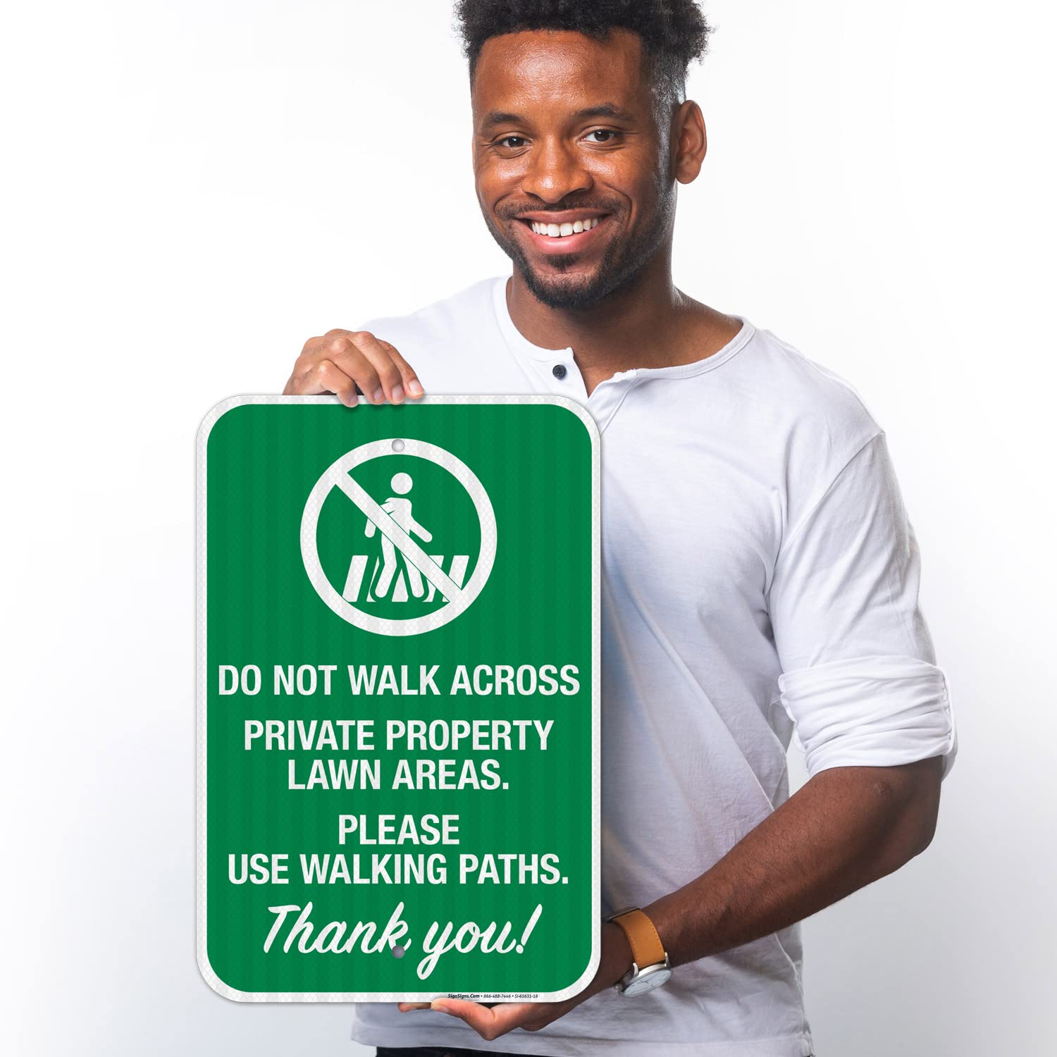 Do Not Walk Across Private Property Lawn Areas Please Use Walking Paths Thank You Sign, 12x18 Inches, 3M EGP Reflective .063 Aluminum, Fade Resistant, Made in USA