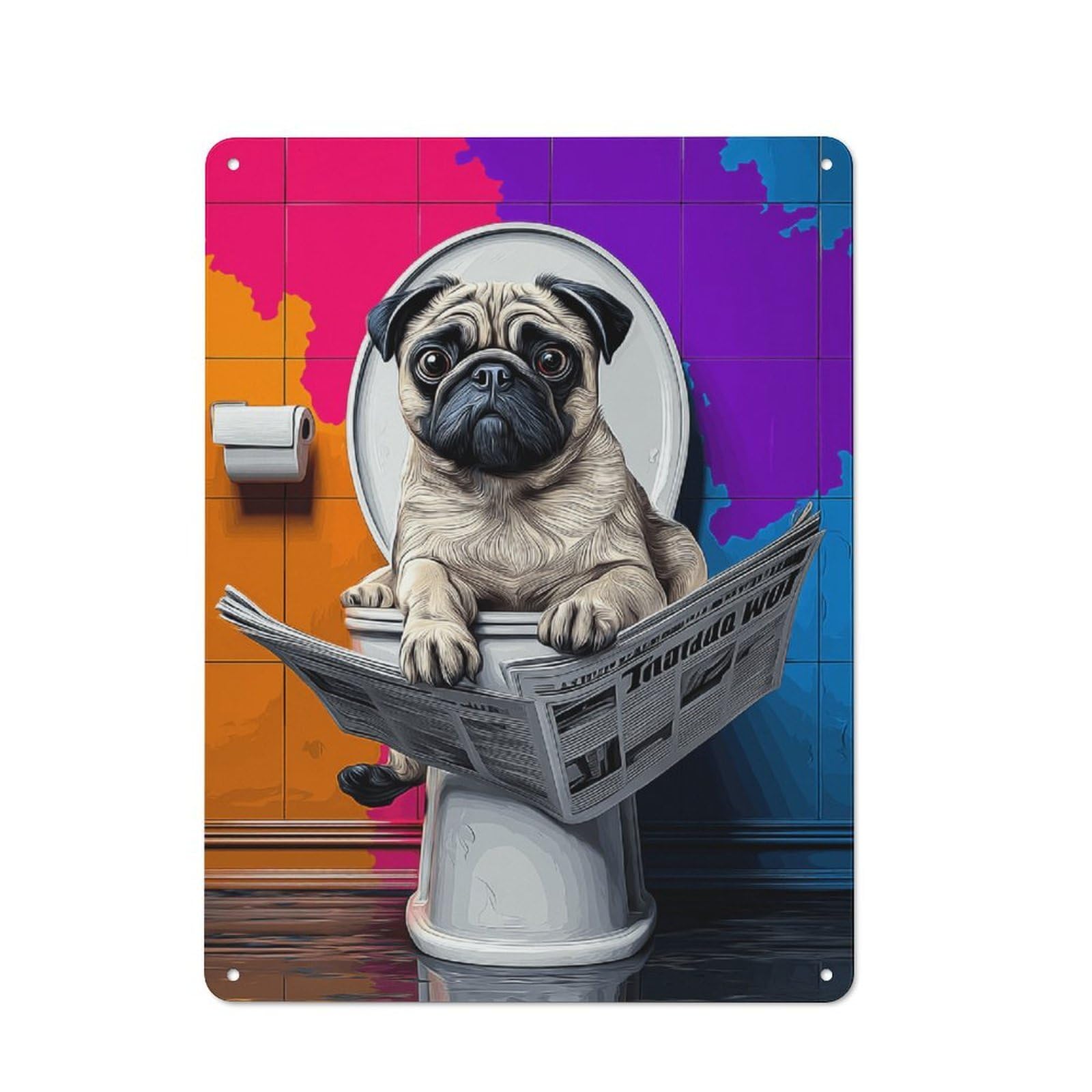 Junmoney Pug Reading Newspaper On Toilet -1 Tin Wall Plaque 40X30cm With For Studio Or Craft Room, Suited To Craft Room Decorators