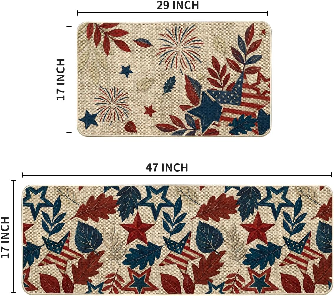 Artoid Mode American Flag Stars Leaves Freedom Patriotic 4th of July Kitchen Mats Set of 2, Memorial Day Home Decor Kitchen Rugs for Floor - 17x29 and 17x47 Inch