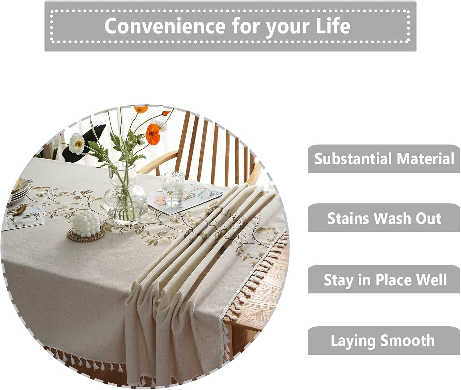TEWENE Tablecloth, Rectangle Table Cloth Wrinkle Free Tablecloth Farmhouse Tablecloth Linen Tablecloths Spring Tablecloth for Picnic, Party, Outdoor Table(55''x86''/6-8 Seats/Brown Vine)