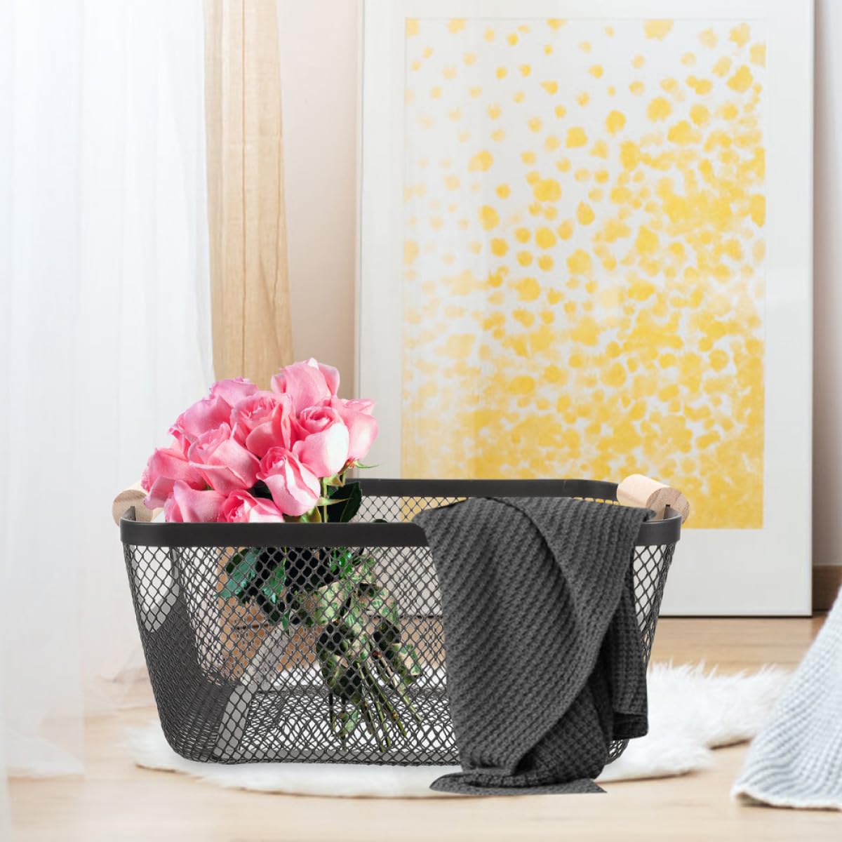 INOOMP Cesta de Gran Capacidad Rectangular de Metal Mango de Madera Estilo Nórdico para Almacenamiento y Organización en Baño y Estantes