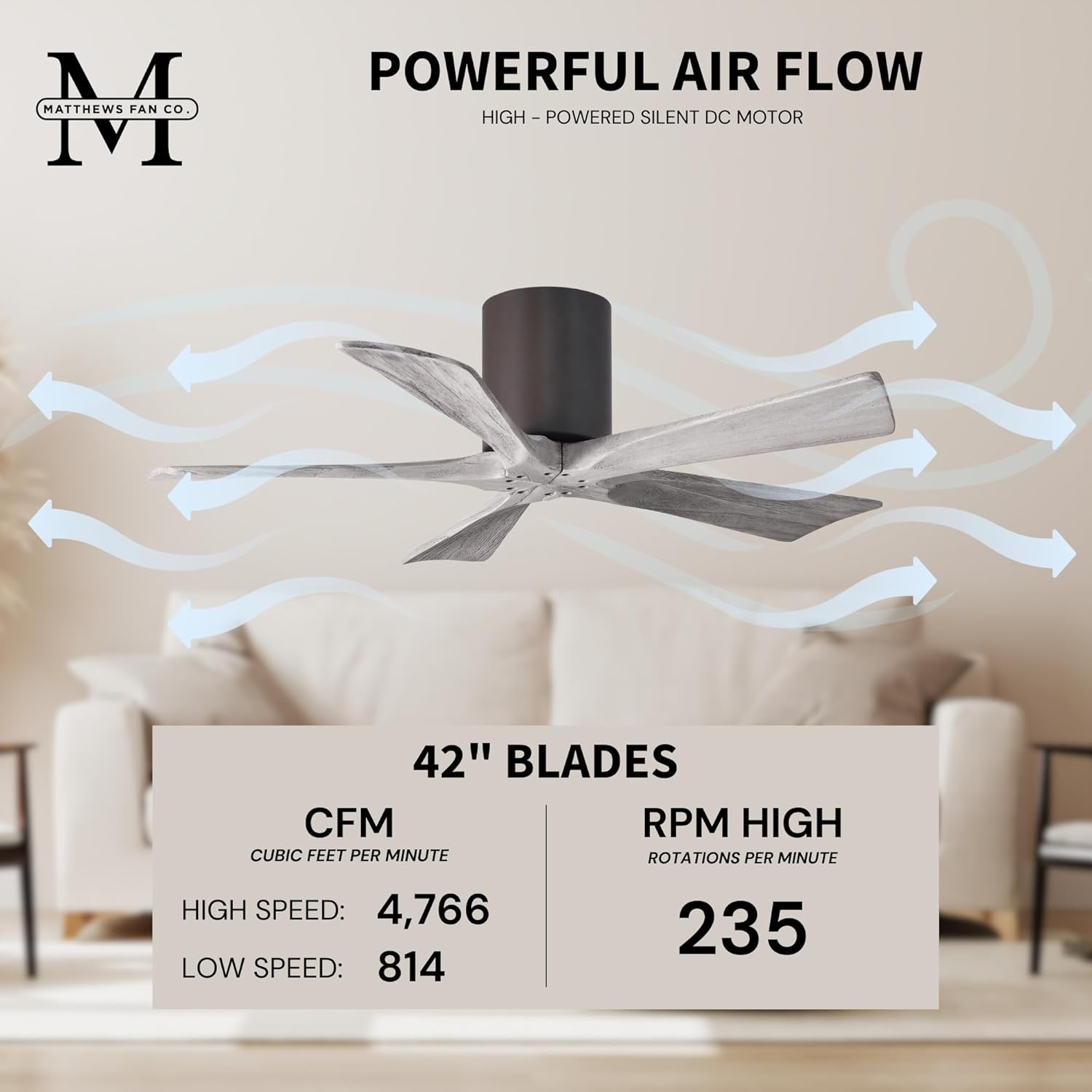 Matthews IR5H-TB-BW-42 Irene Damp Rated 42" Flush Mount Ceiling Fan with Remote & Wall Control, Silent DC Motor, 5 Barn Wood Tone Solid Wood Blades, Textured Bronze