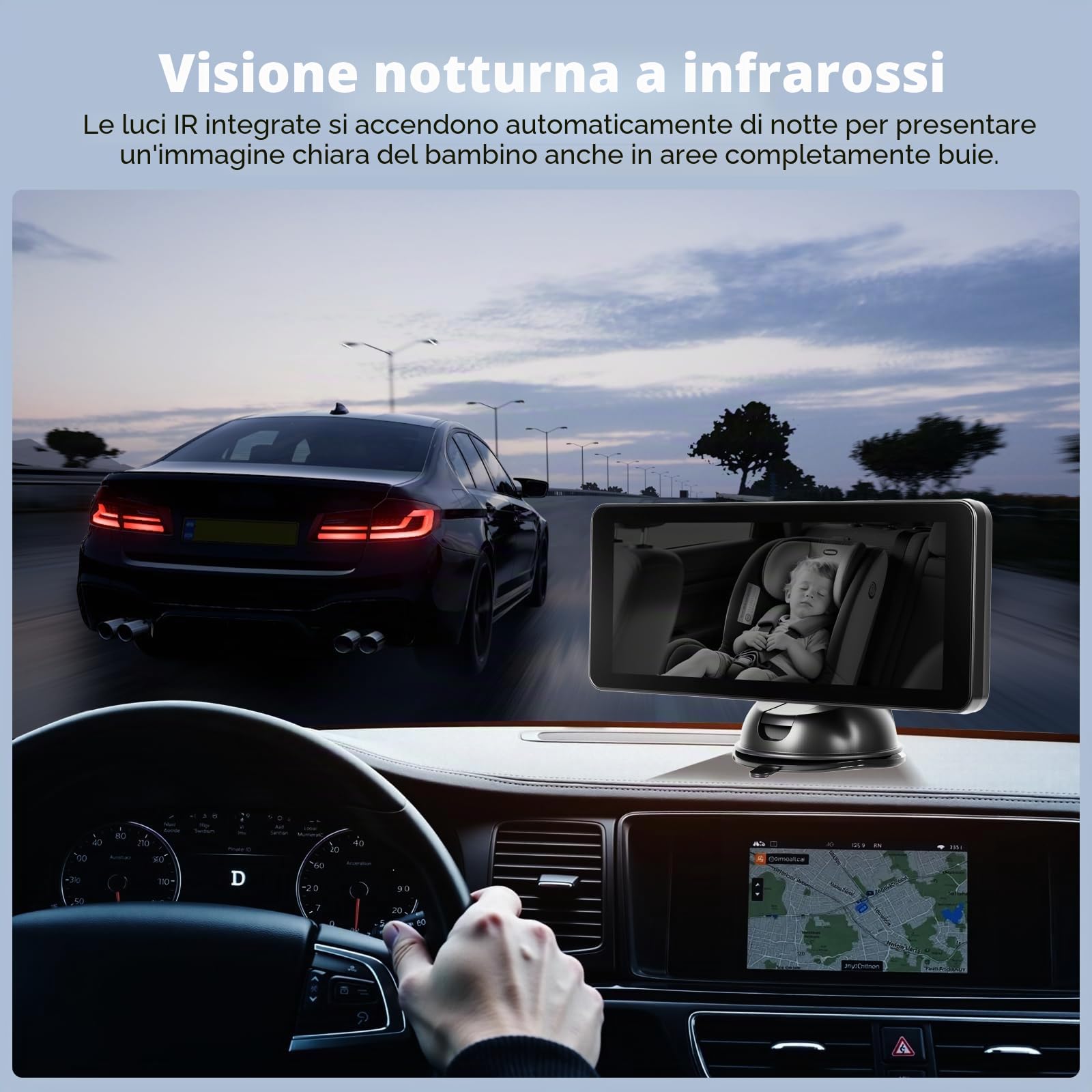Telecamera automatica doppia per bambini - con display IPS HD da 6,9" e funzione visione notturna, e una telecamera specchio di sicurezza per auto girevole a 360° per bambini e animali domestici